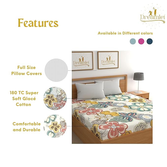 Dreamlet Premium Cotton Flat Double Bedsheets With 2 King Size Pillow Covers Double Bed Breathable | Mutlicolor
