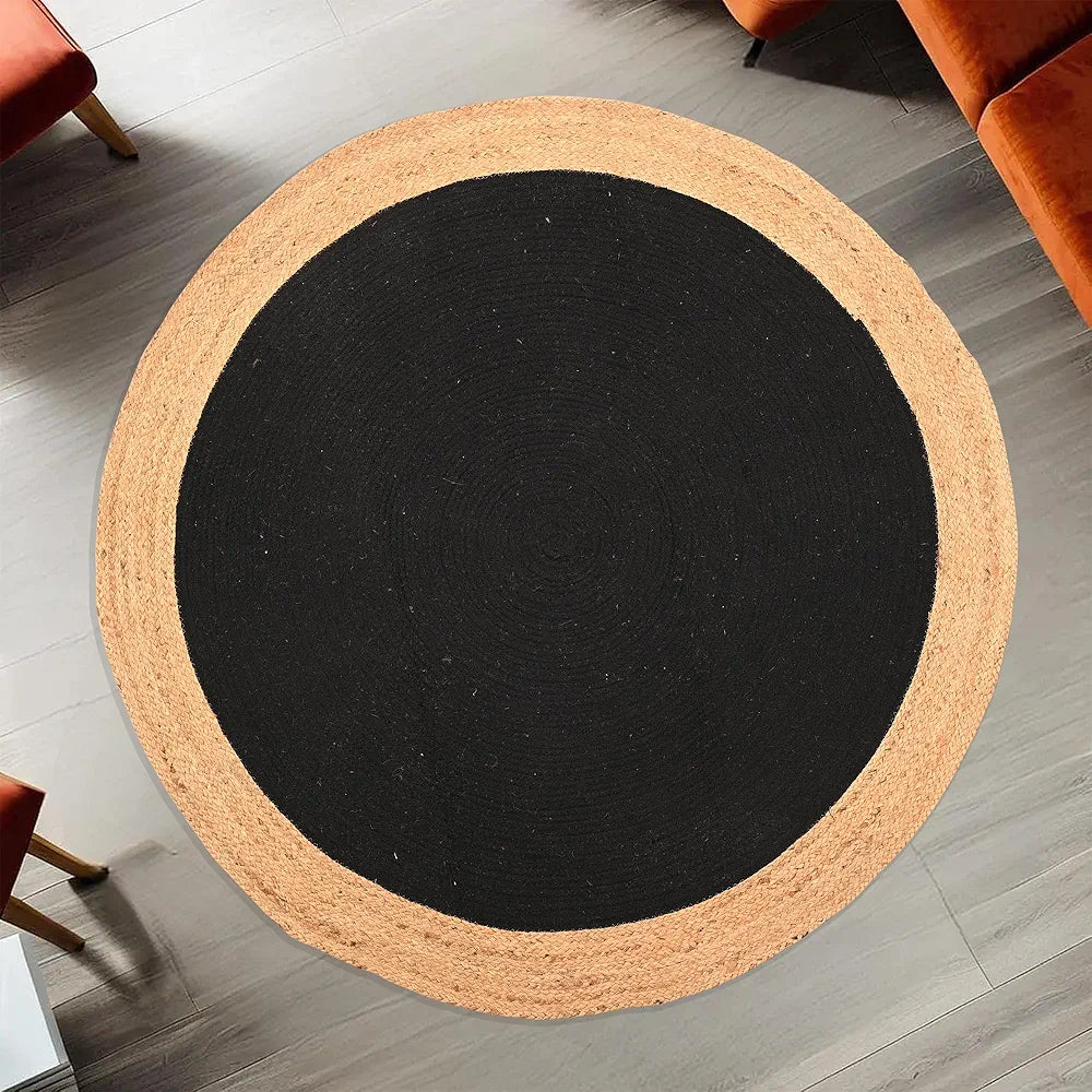 Kuber Industries 4x4 Feet Round Jute Rug & Carpet for Home Bedroom Beige & Black