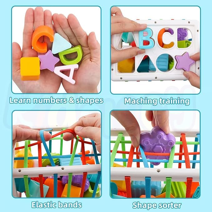 Kidology Baby Shape Sorting Toy Colorful Blocks Cubes Alphabet Letters Elastic Bands