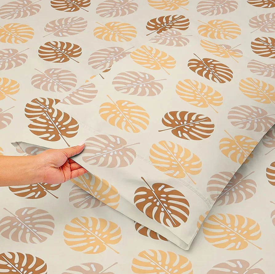Homekart Premium Cotton Elastic Fitted Bedsheets with 2 King Size Pillow Covers Double Bed Leaf Print Beige and Brown 200 tc - 220 tc