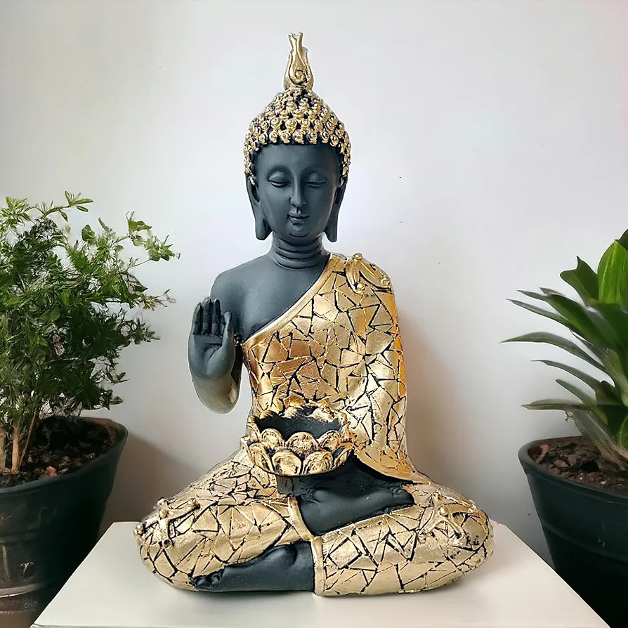 Neelaya Meditating Buddha Statue With Tealight Candle Holder Polyresin Showpiece 28 Cm Black Gold