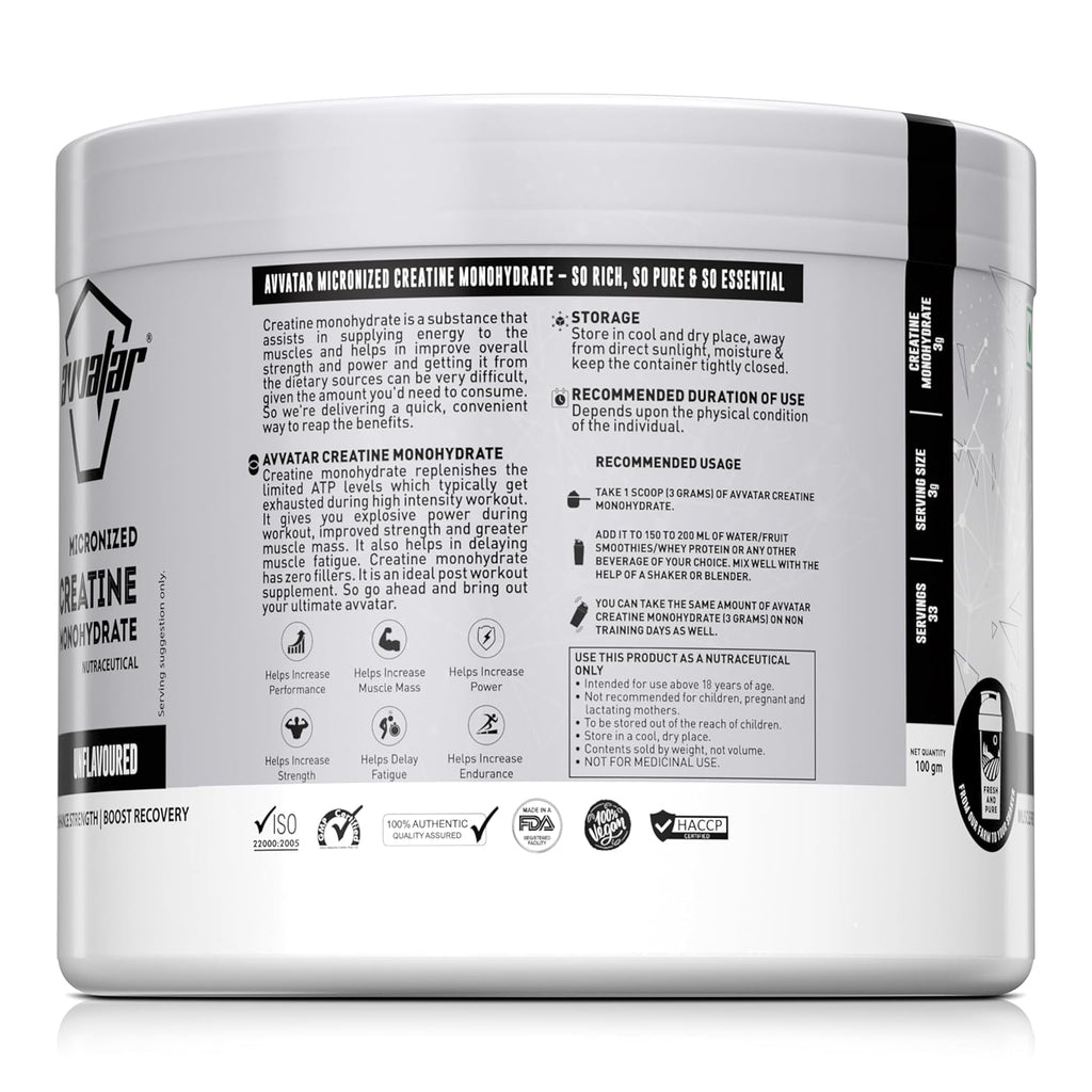 avvatar Micronized Creatine Monohydrate Powder (100 G,33 Servings)|Unflavoured|Muscle Recovery|Enhance Strength|Boost Recovery,1 Count
