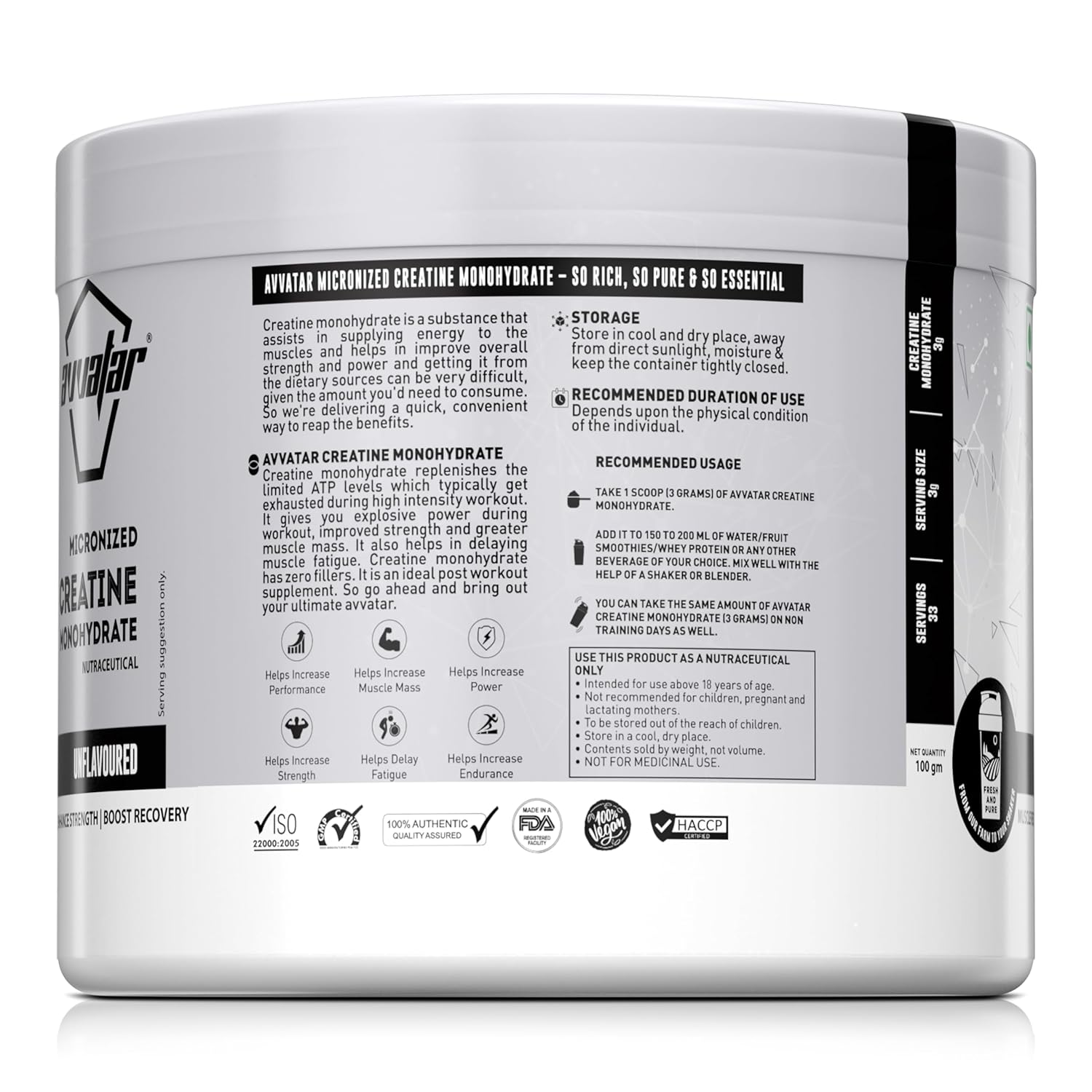 avvatar Micronized Creatine Monohydrate Powder (100 G,33 Servings)|Unflavoured|Muscle Recovery|Enhance Strength|Boost Recovery,1 Count