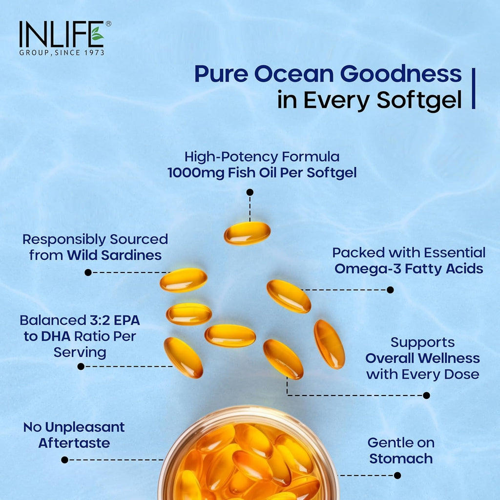INLIFE Fish Oil Omega 3 Capsule 1000mg | Heart, Brain and Joint Health | Molecularly Distilled Highly Concentrated Supplement - 60 Softgels (60 Softgels)