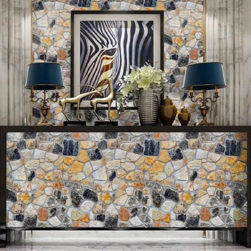 Indian Royals Multi Brick Stone Vinyl Self Adhesive Peel and Stick Home Decor Wallpaper 200 CM * 45 CM