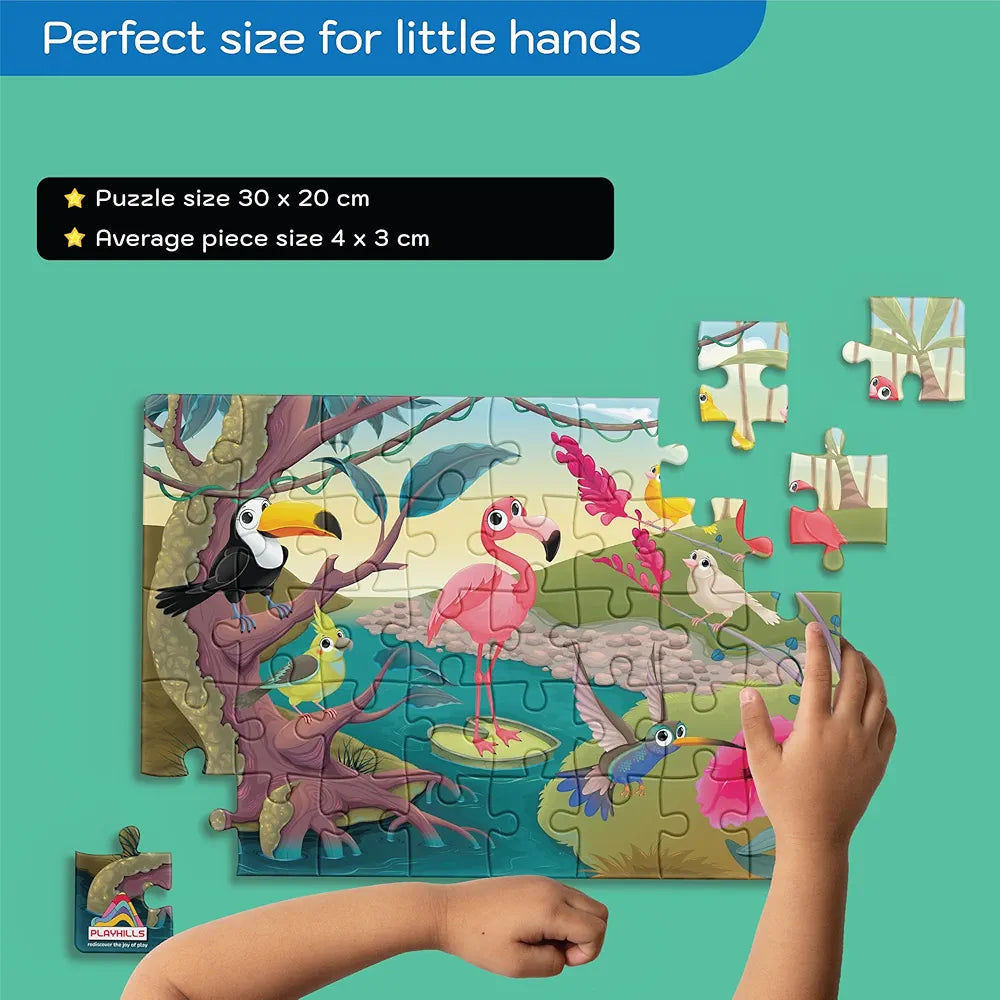 Playhills Wooden Jungle Birds Puzzle for Kids 60 Laser-Cut Pieces, Eco-Friendly, Ages 3+ Colourful Parrot, Peacock Safari Puzzle Toy Gift for Boys & Girls