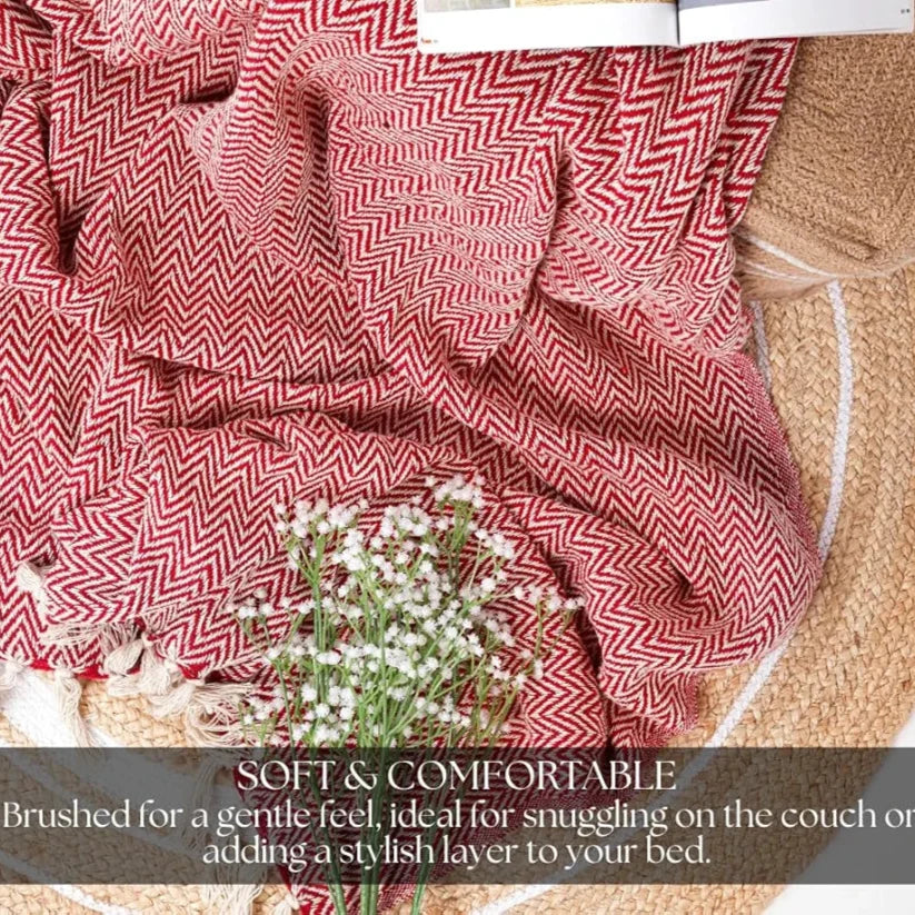 Homadorn All Season Cotton Weaved Throw Blanket Colour Red