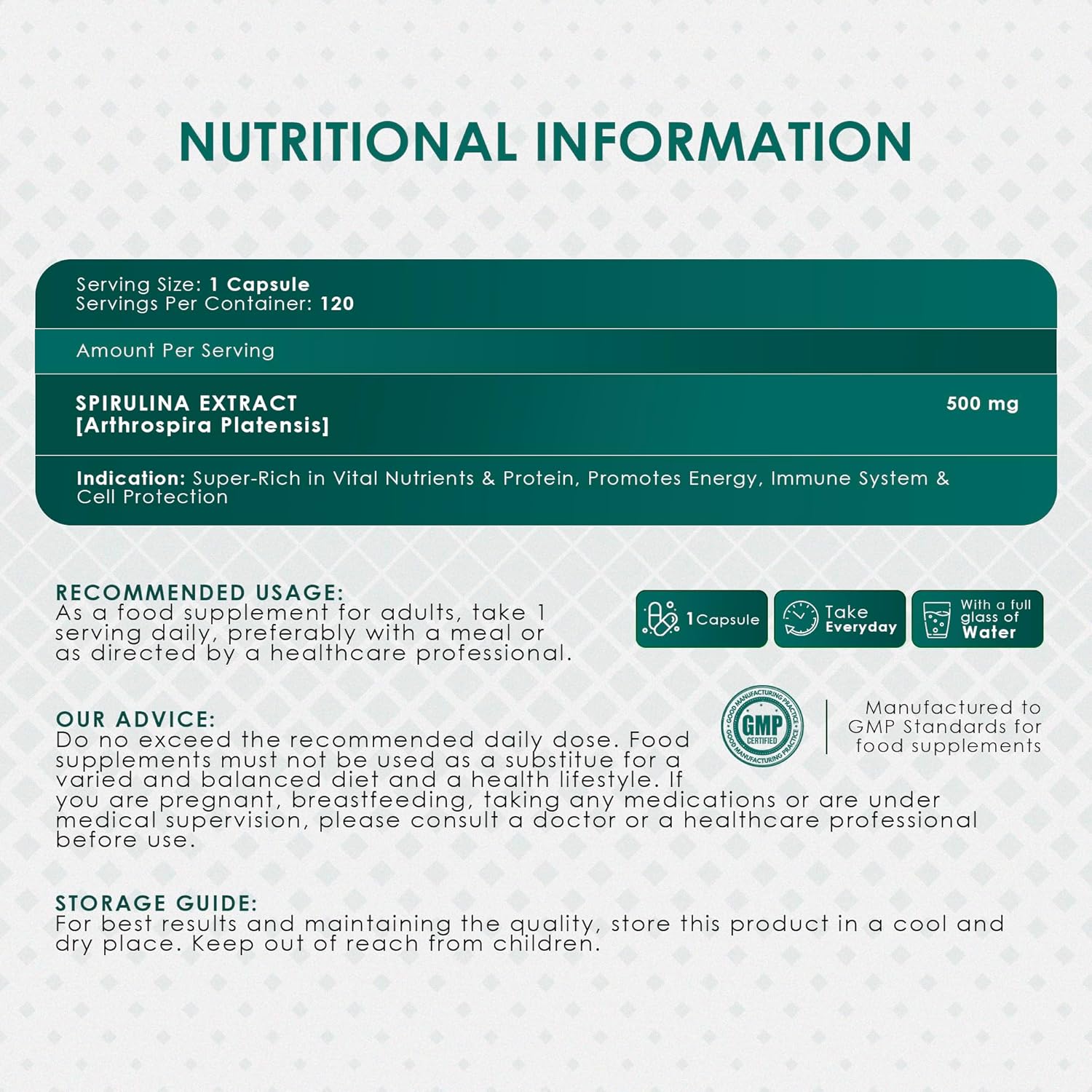 Ambrosial Spirulina Capsule High Strength 500 mg EACH Capsule | Certified Spirulina Tablets for Energy and Immunity | Richest Source of Protein (Pack of 1-60 Capsules)