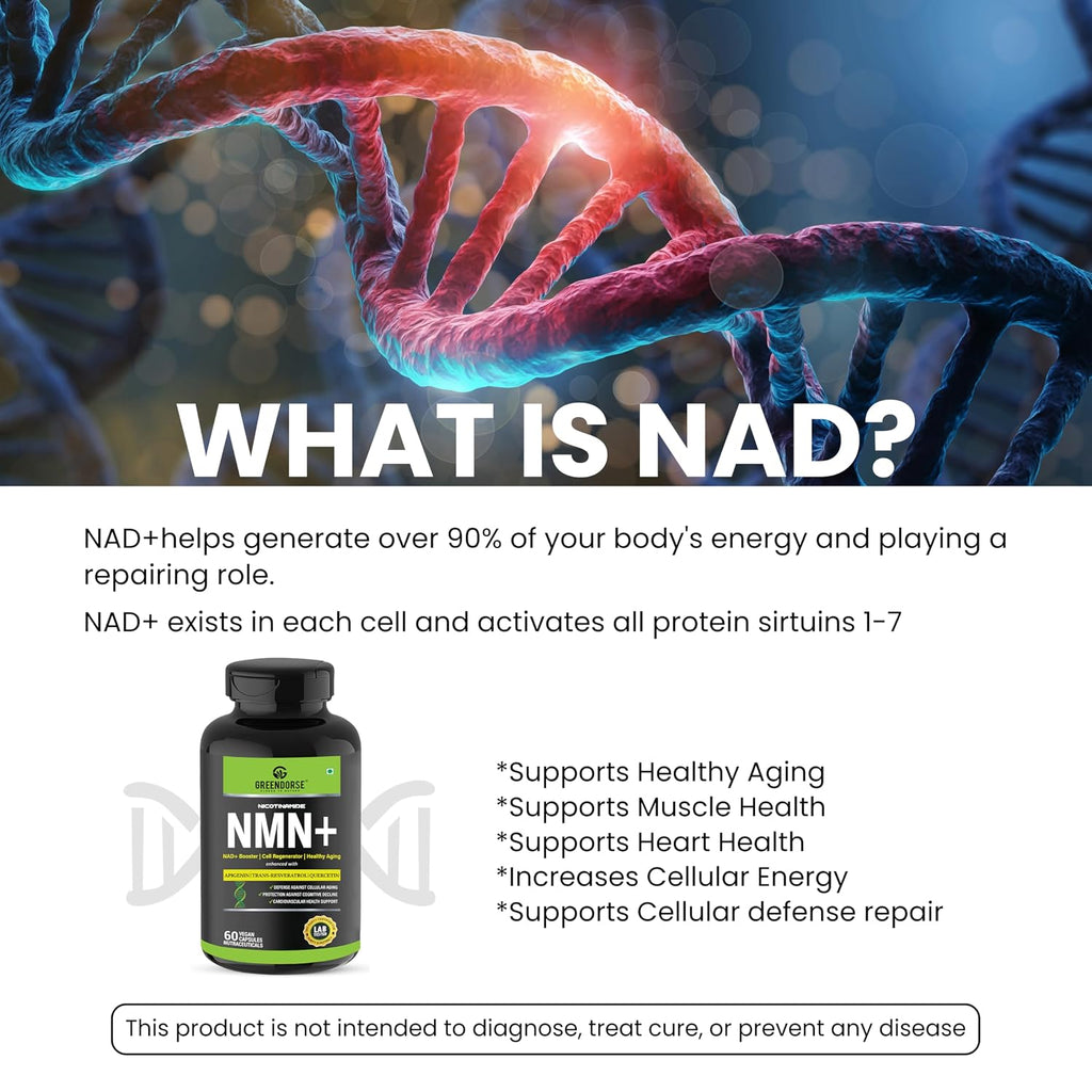 GREENDORSE NMN 99.9% Pure with Apigenin, Trans-Resveratrol & Quercetin | 3-in-1 Supplement | High Bioavailability | 3rd Party HPLC Tested | Supports NAD+, Healthy Ageing, Cellular Health, Muscle & Heart Health | 60 Veg Capsules