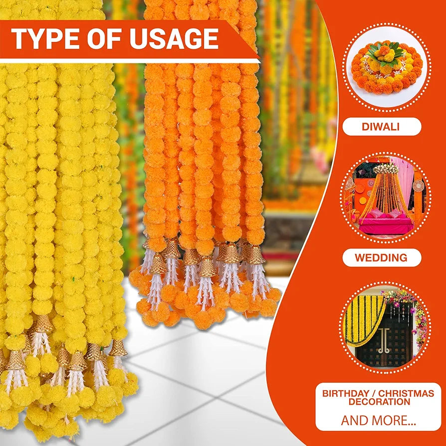 Marigold Artificial Flowers for Decoration Long Garland 5 Feet Long 5 Pcs Y+B