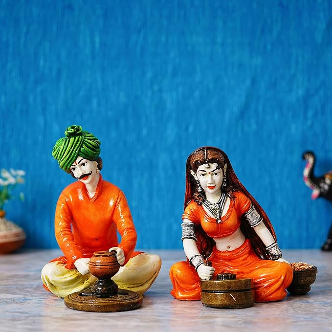 Ecraftindia Colorful Combo of Rajasthani Craftsmen and Lady Making Pots Statue