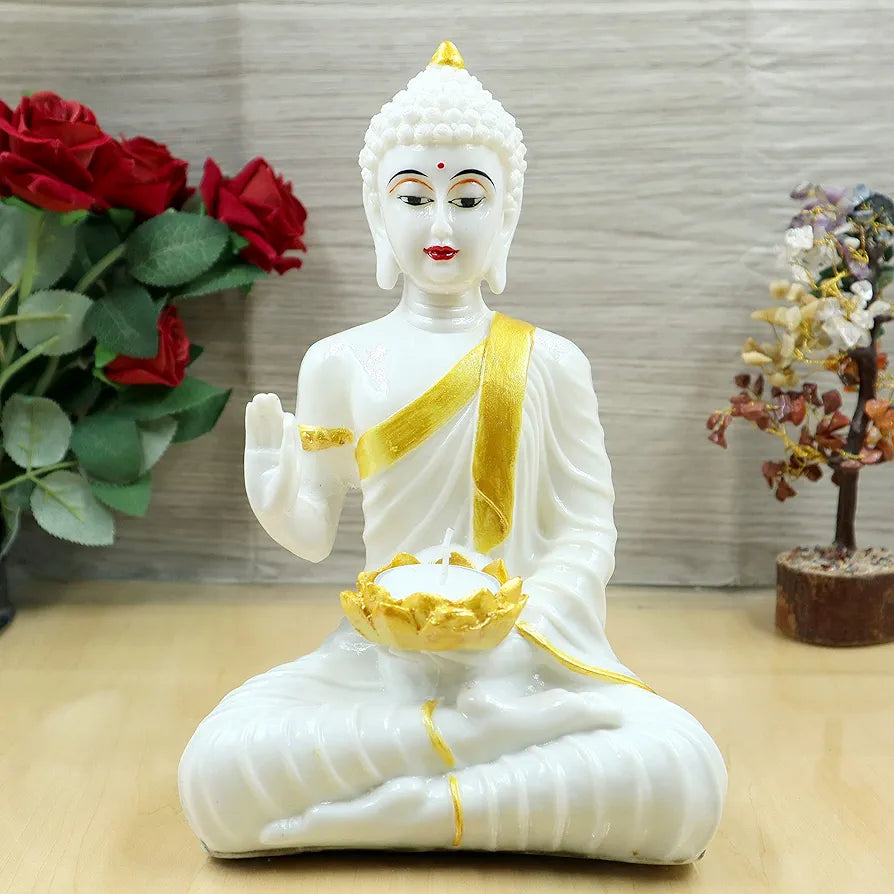 Jaipur Ace White Gold Buddha Sitting With Tealight in Hand Polyresin Idol