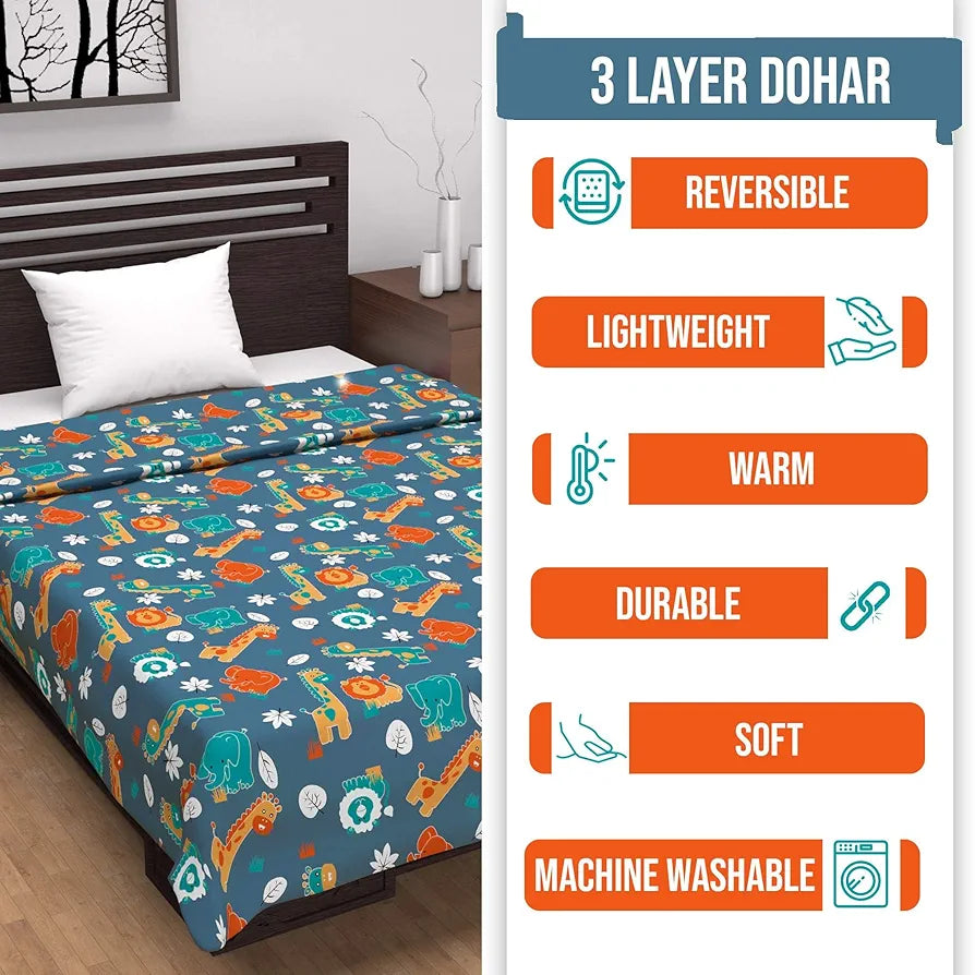 Divine Casa Pure Cotton Printed Single Dohar 120 GSM Soft & Lightweight Throw Blanket Colour Iris Deep