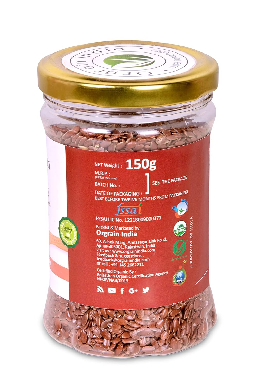 Orgrain India Organic Flax Seeds 150g | Rich in Omega-3, Fiber, Vitamin B1, Copper, Manganese | Supports Weight Loss, Heart Health, Digestion | Ideal for Smoothies, Salads, Baking, Oatmeal