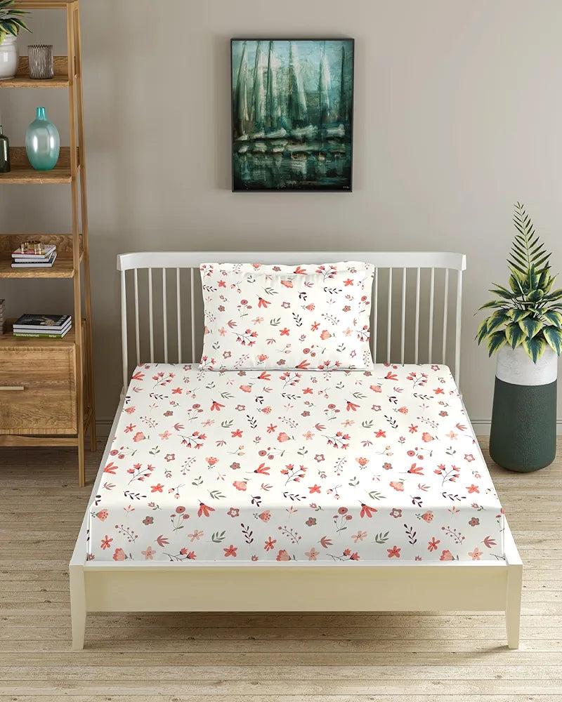 Trance Home Linen 180Tc Cotton 78"X36" Single Size Elastic Fitted Bedsheet Printed With 1 Pillow Cover 200 Tc Colour Soloce Peach