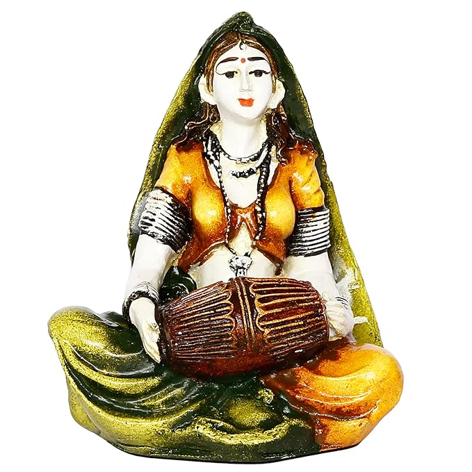 Ecraftindia Colorful Combo of Rajasthani Craftsmen Singing and Lady Playing Musical Instrument Dholak Statue