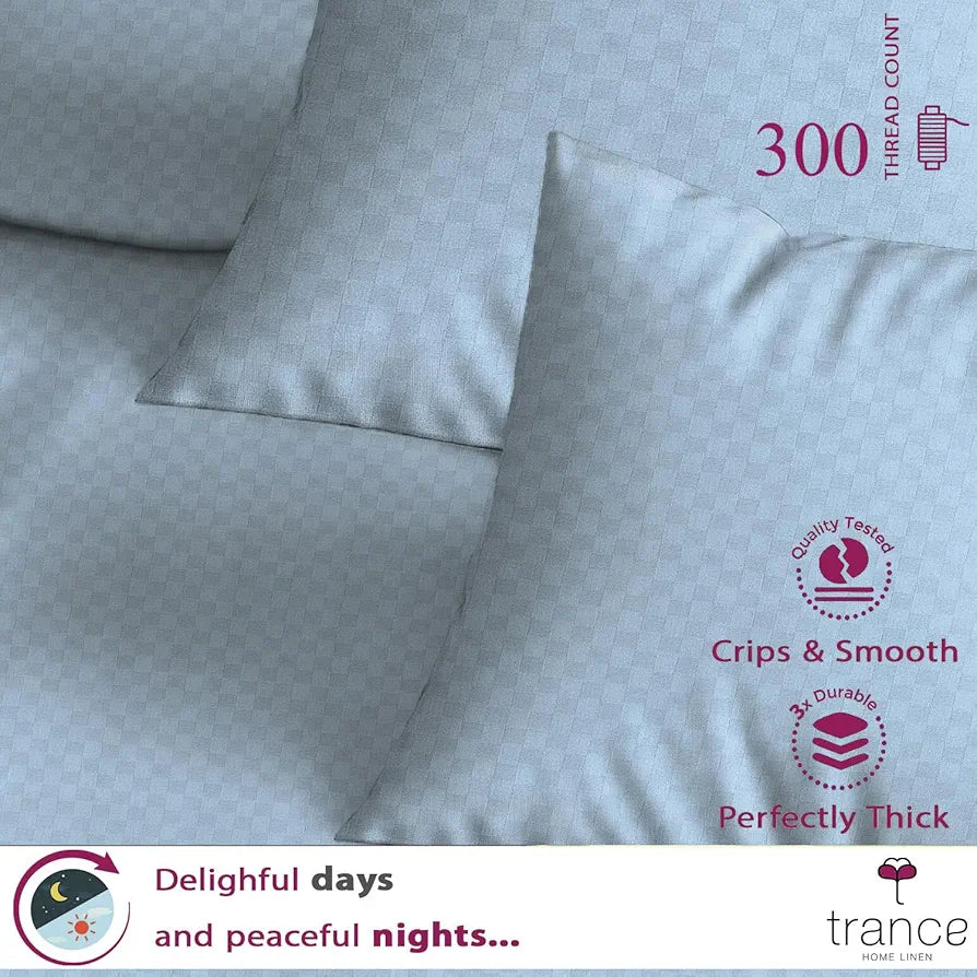 Trance Home Linen 100% Cotton Premium Jacquard Weave Fitted Bedsheet for Queen Size Bed with 2 Pillow Cover Skin Friendly 300TC Colour Slate Blue