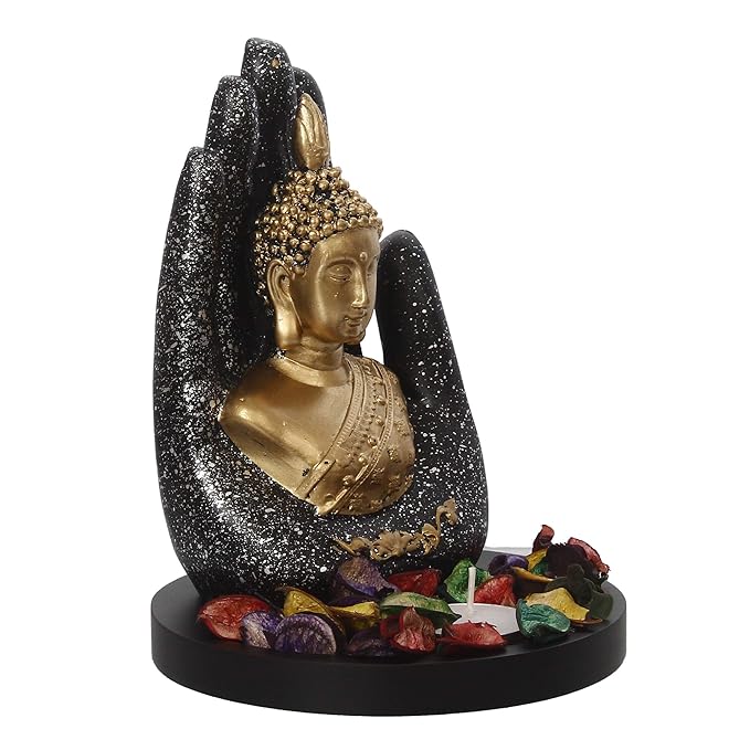 Ecraftindia Black Golden Resin Palm Buddha Statue Tea Light Holder | Lord Buddha Statue for Living Room