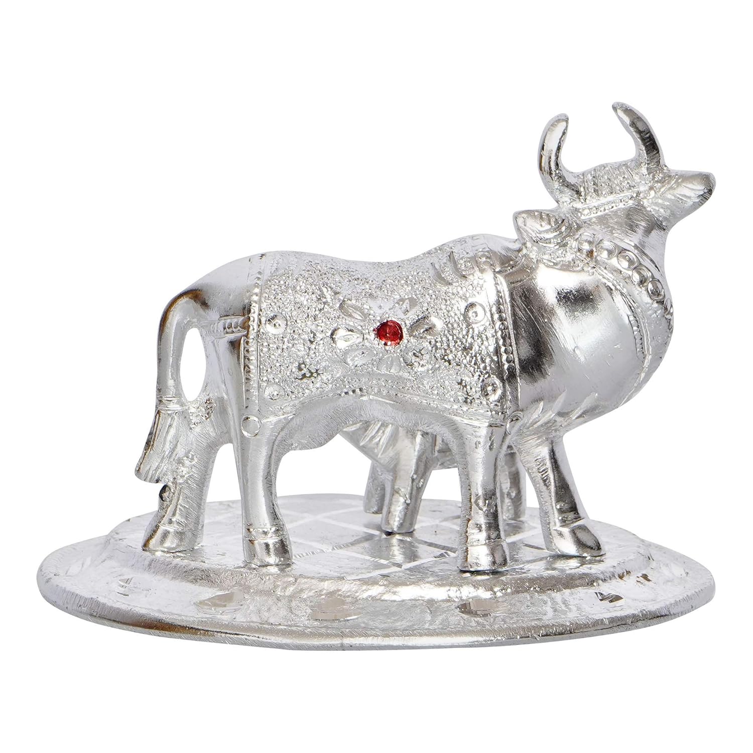Ecraftindia Premium White Metal Decorative Kamdhenu Cow With Calf Figurine