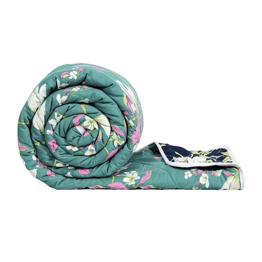 Divine Casa Microfibre 150 GSM Reversible Flower Print Double Bed Size Comforter, Blanket Colour Sea Green and Blue