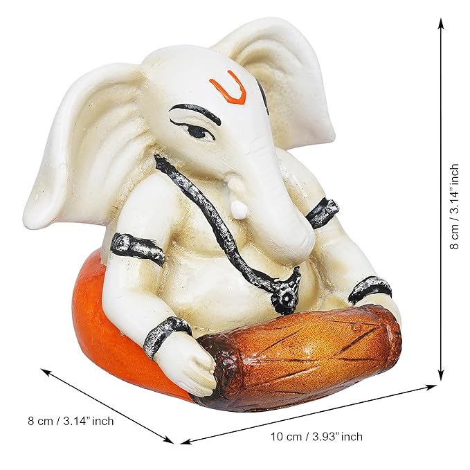 Ecraftindia White & Orange Polyresin Handcrafted Lord Ganesha Idol Playing Dholak Musical Instrument | Decorative God Statue Ideal