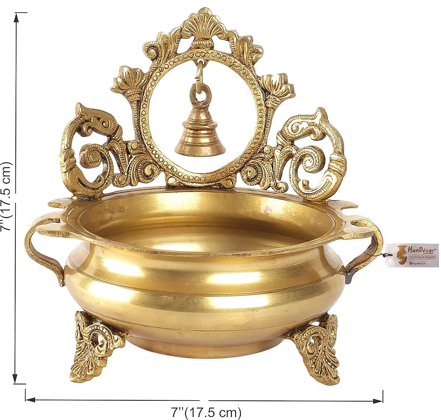 Two Moustaches Ethnic Indian Carved 7 Inches Brass Decor Urli Bowl with Bell Brass Urli Standard