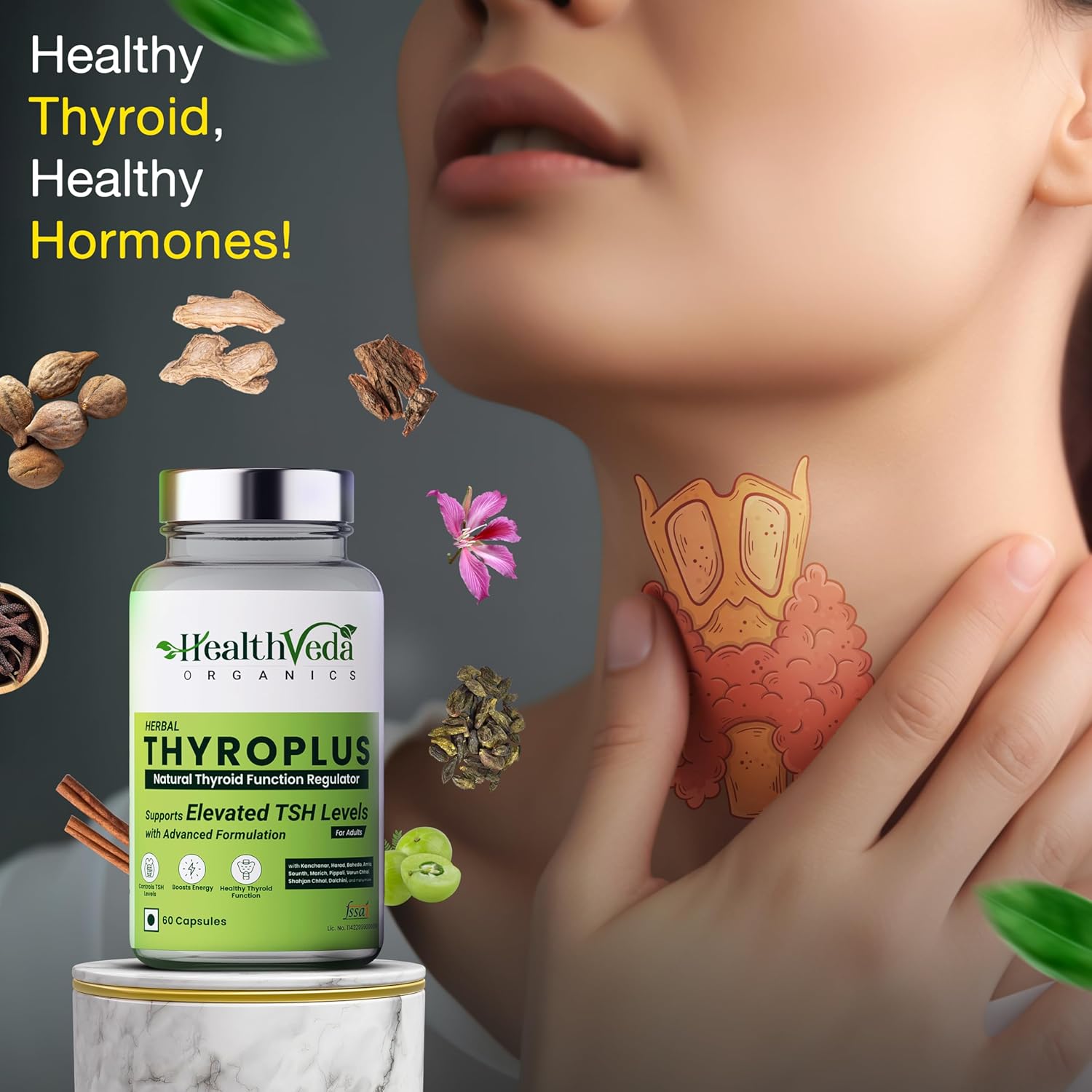 Health Veda Organics Thyroplus Supplement - Rapid Action Formula â€“ Kanchanar - Harad - Baheda - Amla-Sounth - Supports Thyroid Health â€“Healthy Cellular Metabolism - 60 Capsules