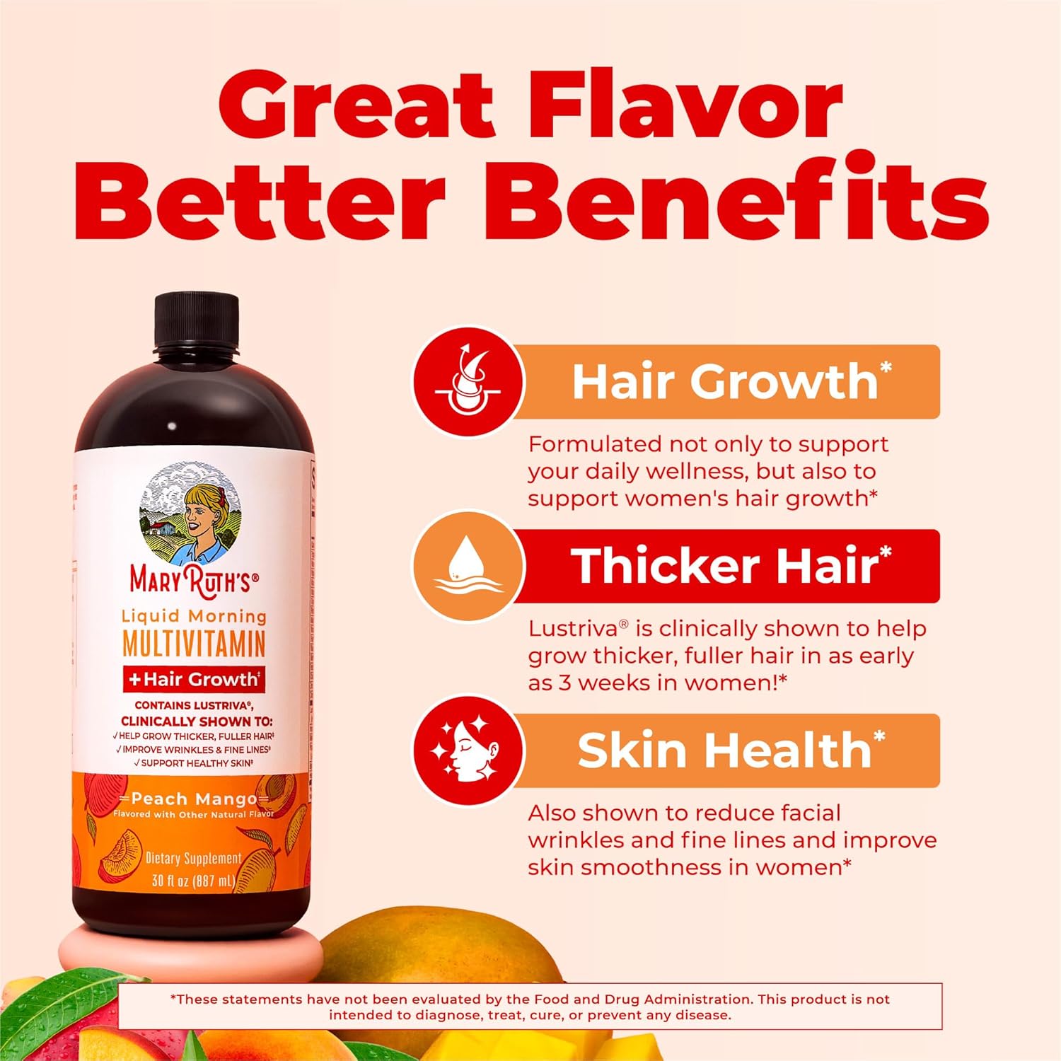 MARYRUTH'S Liquid Multivitamin + Hair Growth | Clinically Tested in Women for Thicker Hair & Facial Wrinkles | Biotin 10000mcg | Lustriva Hair Growth Supplements | Skin Care | Ages 18+ | 30 Fl Oz