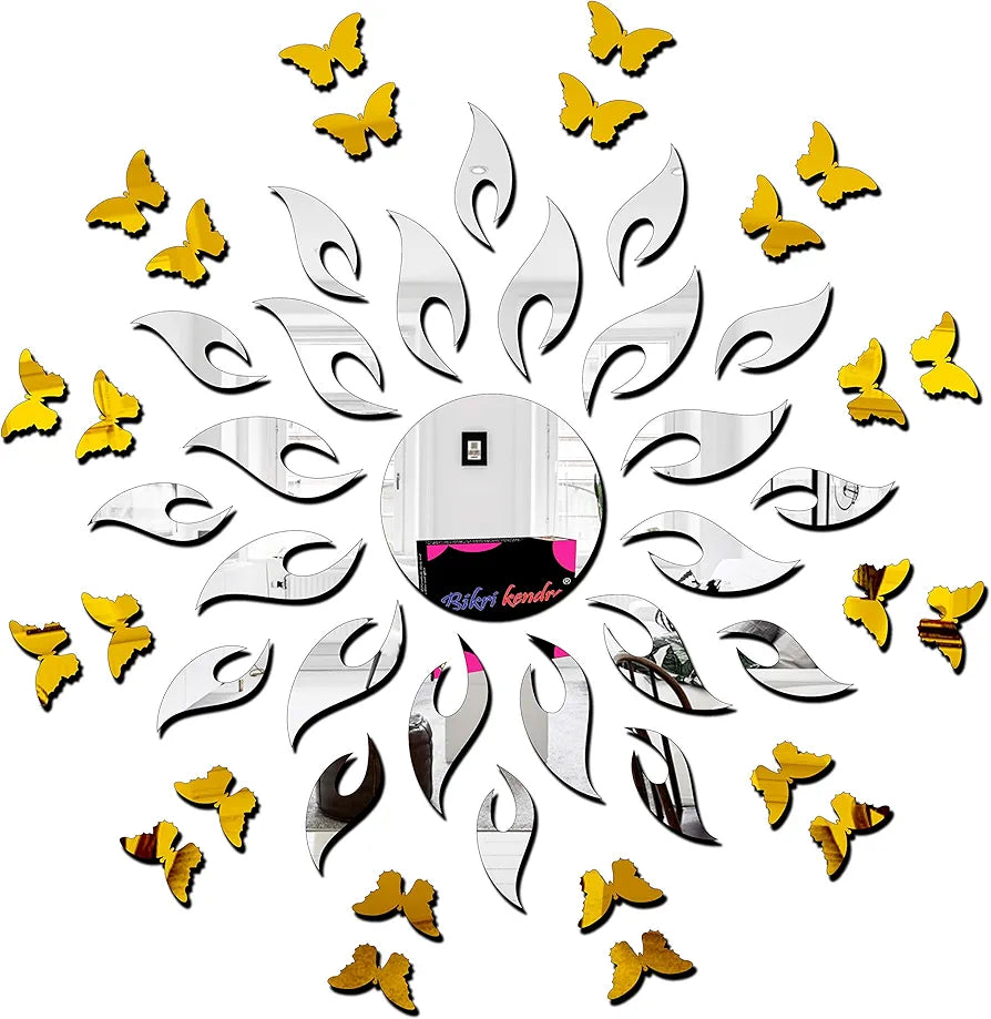 Bikri Kendra Art BK1OLK Sun Silver with 20 Butterfly Golden 3D Acrylic Mirror Wall Sticker