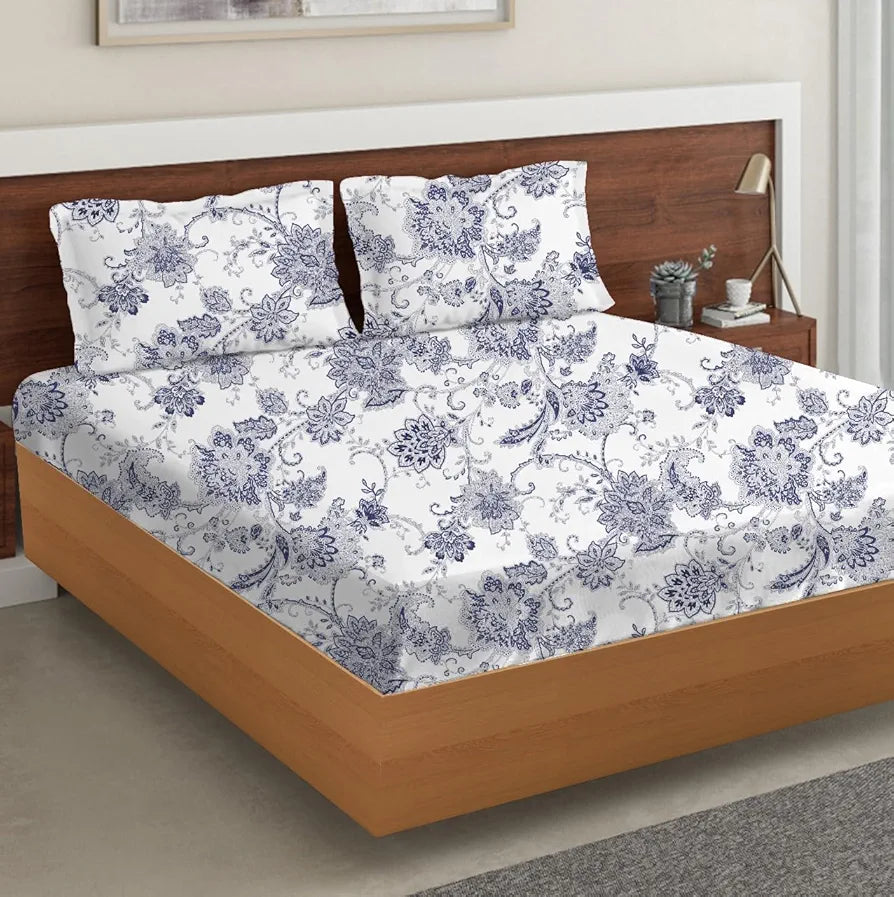 Trance Home Linen Skin Friendly 100% Cotton Printed Fitted Bedsheet for Queen Size Bed with 2 Pillow Cover Premium 180TC Colour Blue Pathway