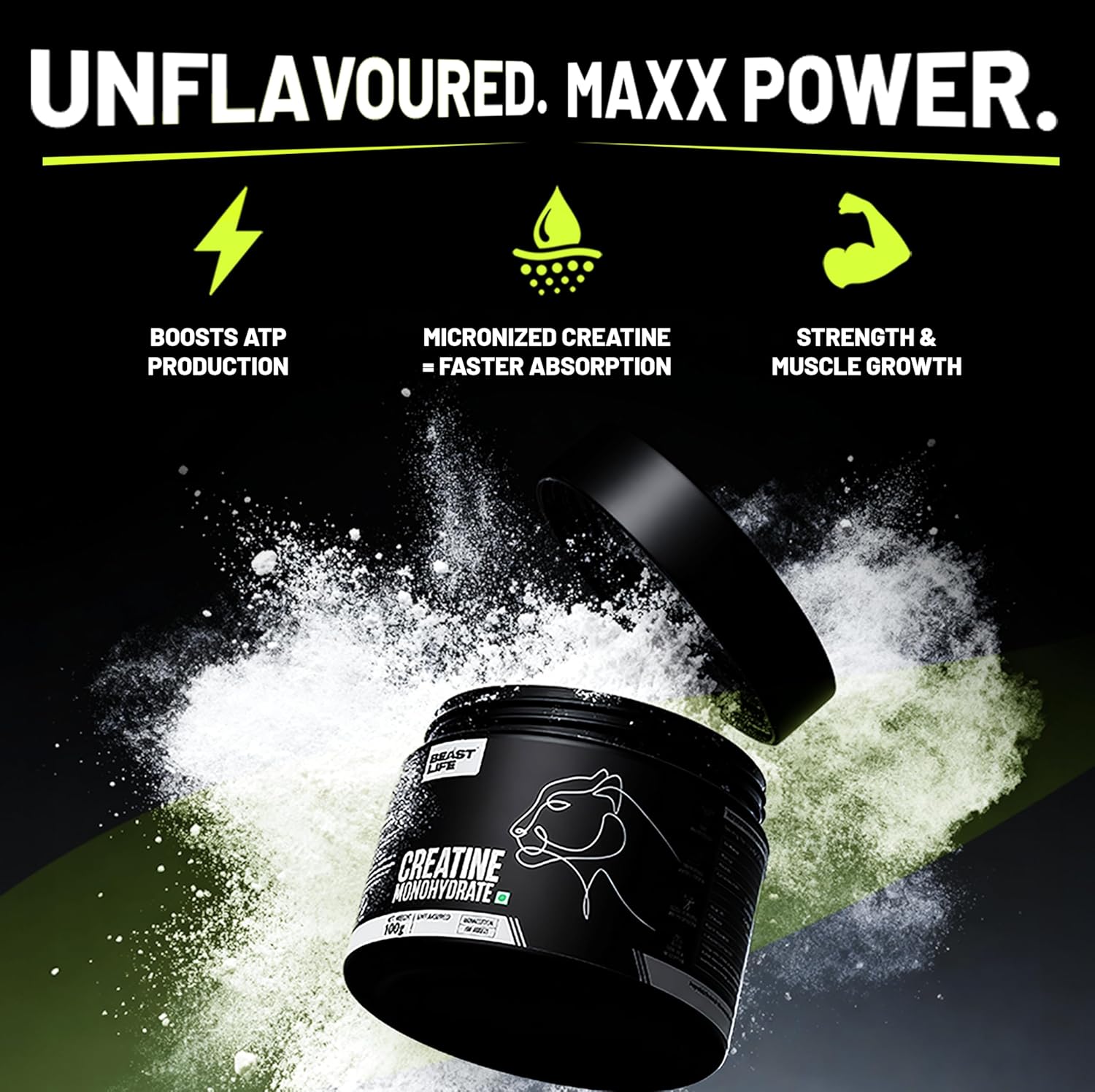 BeastLife Micronised Creatine Monohydrate with Free Shaker | 100g | 33 Servings | Unflavoured | NABL Lab Tested | Rapid Absorption for Muscle Strength & Athletic Performance | Super Micronised Creatine Powder