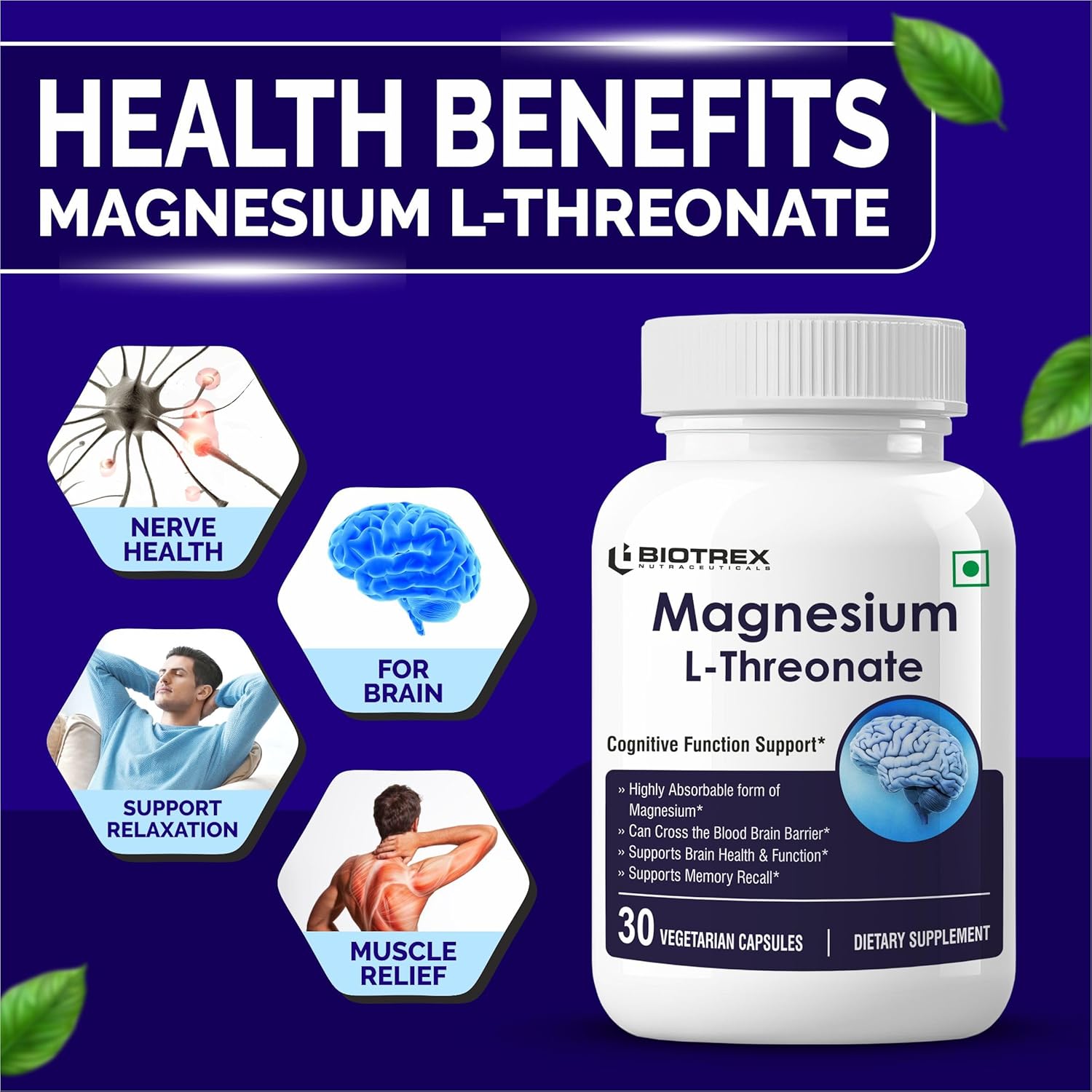 Biotrex Nutraceuticals Magnesium L Threonate 2000mg Per Serving | Better sleep, Cognitive Support & Quick Thinking | Brain & Memory Function | Most Bioavailable Form of Magnesium | 30 Vegetarian Capsules