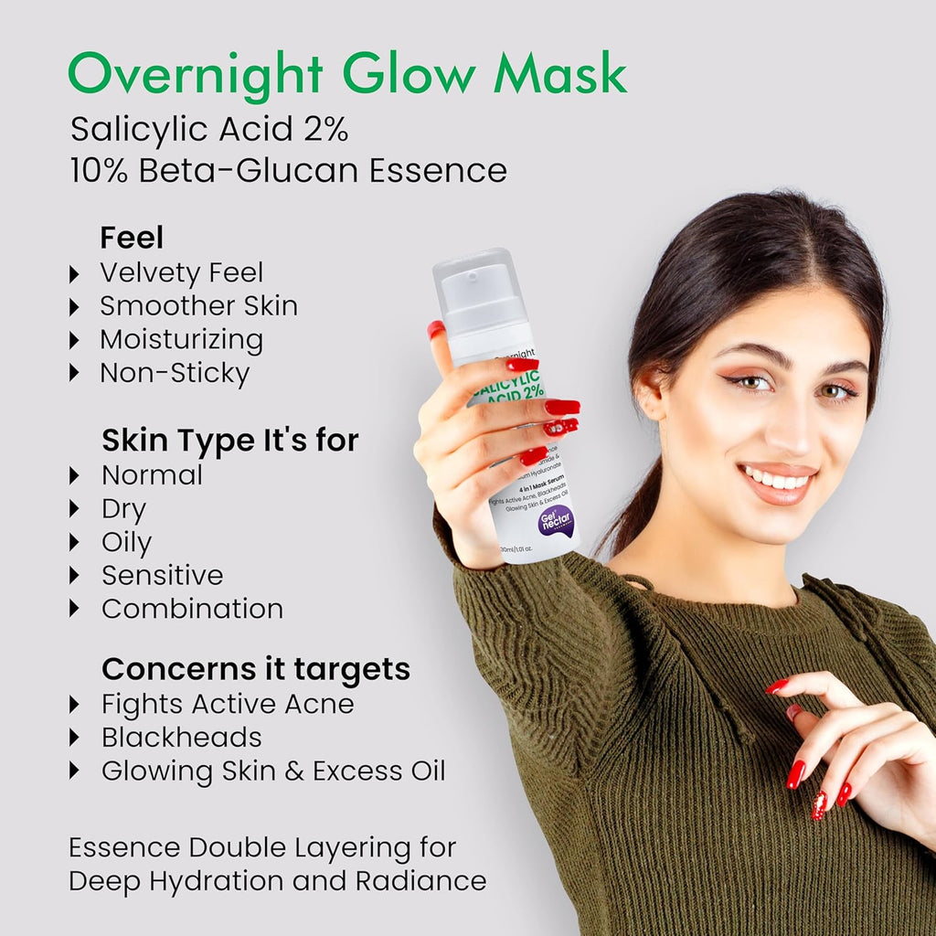Get Nectar Happiness Overnight Glow Mask 2% Salicylic Acid (Oil Free) with 10% Beta-Glucan Essence for Fights Active Acne, Blackheads, Excess Oil, Skin Glowing, brightening facial Exfoliating, (30ml)