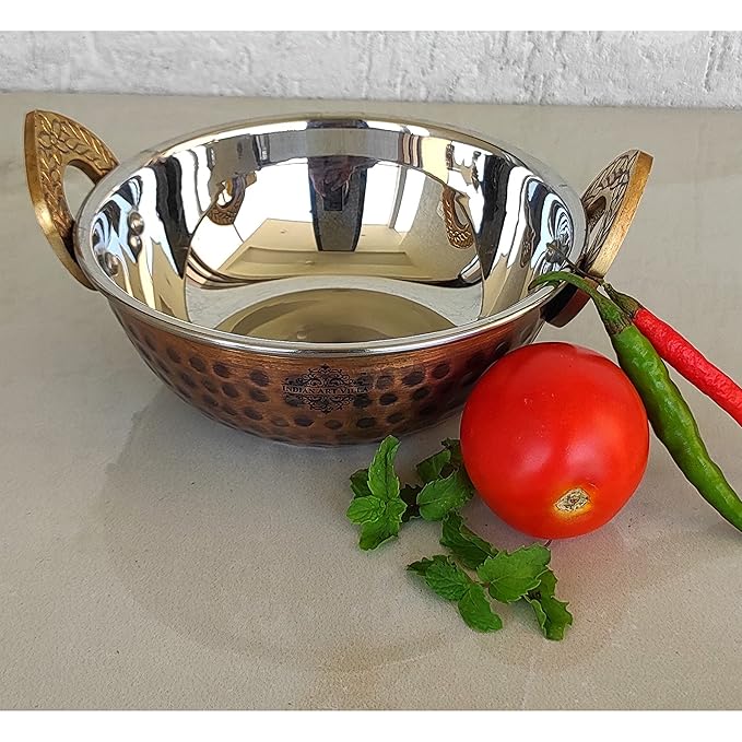 Indian Art Villa Hammered Antique Dark Finish Design Steel Copper Kadhai/Wok Each - 350 ml (Pack of 2)