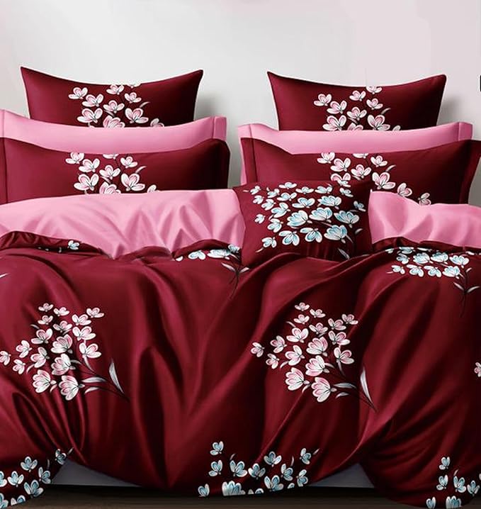 Cortina 140 Tc 100% Microfiber Printed Double Bedsheet Set With Two Pillow Case | 90x100 Inches | Floral | Red