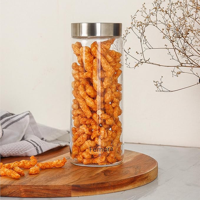 Femora Kitchen Storage Jars Borosilicate Glass With Steel Lid Air Tight Jar | 750 Ml | Pack of 2