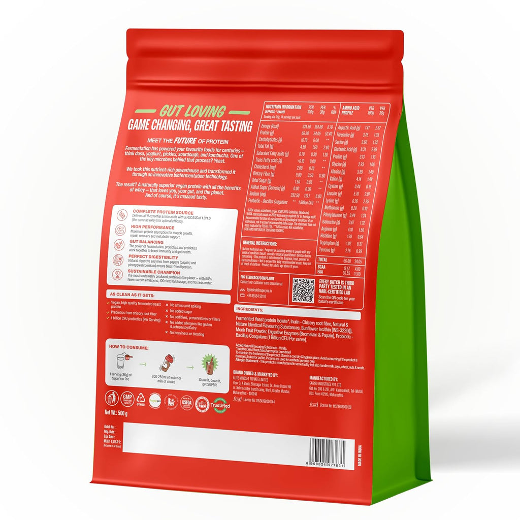Superyou Pro Fermented Yeast Protein Isolate 500g | 24g Protein| Vanilla | Higher Absorption than Plant Protein | Superior Muscle Recovery | Gut Friendly | Vegan Protein | PDCAAS of 1