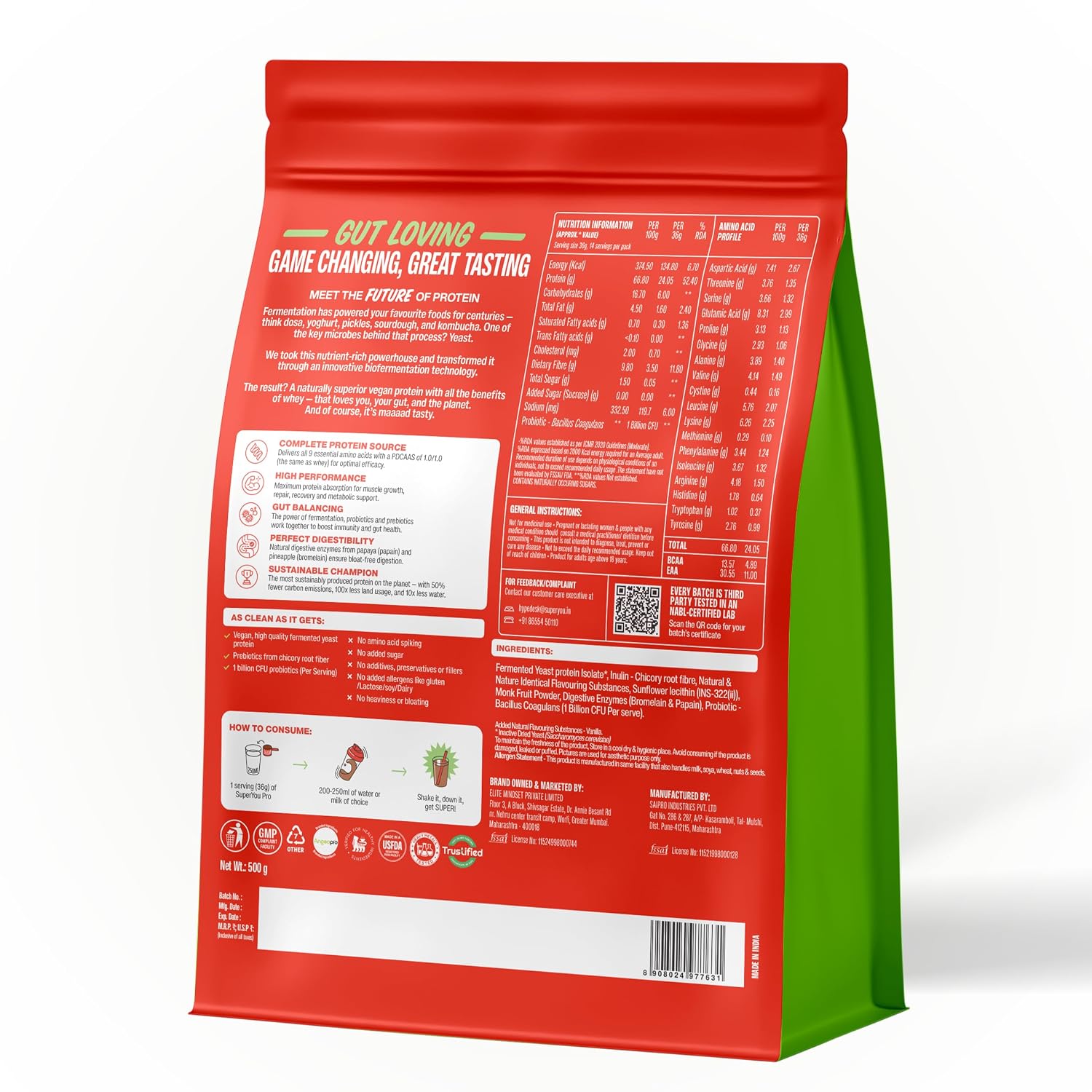 Superyou Pro Fermented Yeast Protein Isolate 500g | 24g Protein| Vanilla | Higher Absorption than Plant Protein | Superior Muscle Recovery | Gut Friendly | Vegan Protein | PDCAAS of 1