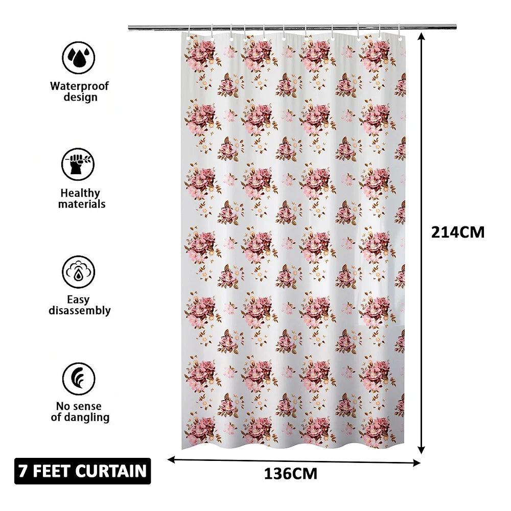 Kuber Industries Shower Curtain Bathroom Shower Curtain 8 Rings Curtain Pink Flower Transparent