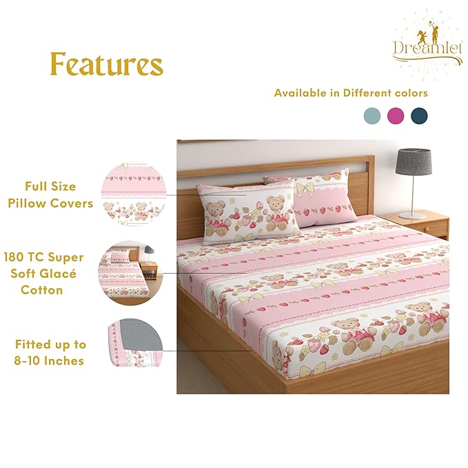 Dreamlet 180tc Cotton Feel All Around Elastic Fitted Bedsheets King Size for Double Bed With 2 Pillow Covers | Pink & White