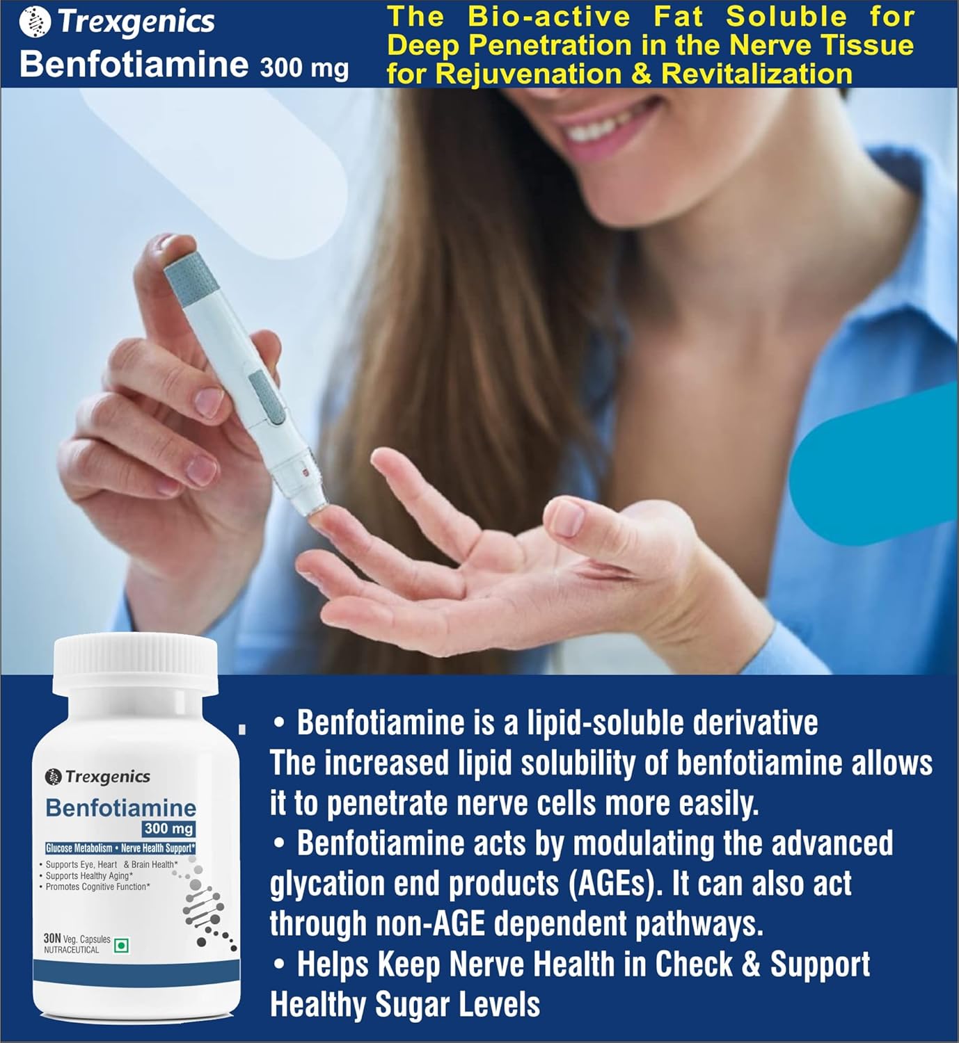 Trexgenics BENFOTIAMINE 300 mg + L-Leucine 50 mg Glucose Metabolism & Nerve Health Support VEGAN & NON-GMO (30 Veg. Capsules) (Pack of 1)
