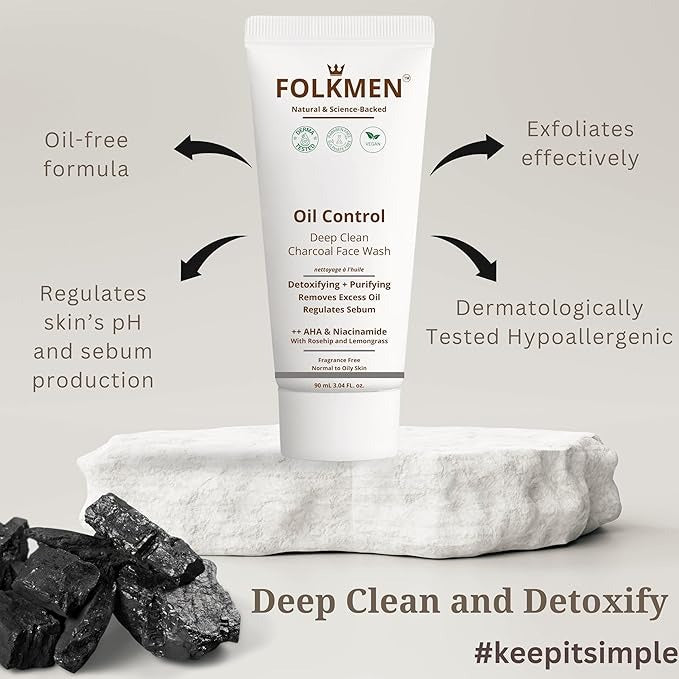 FolkMen Oil Control Deep Clean Charcoal Face Wash for Men - 90 ml