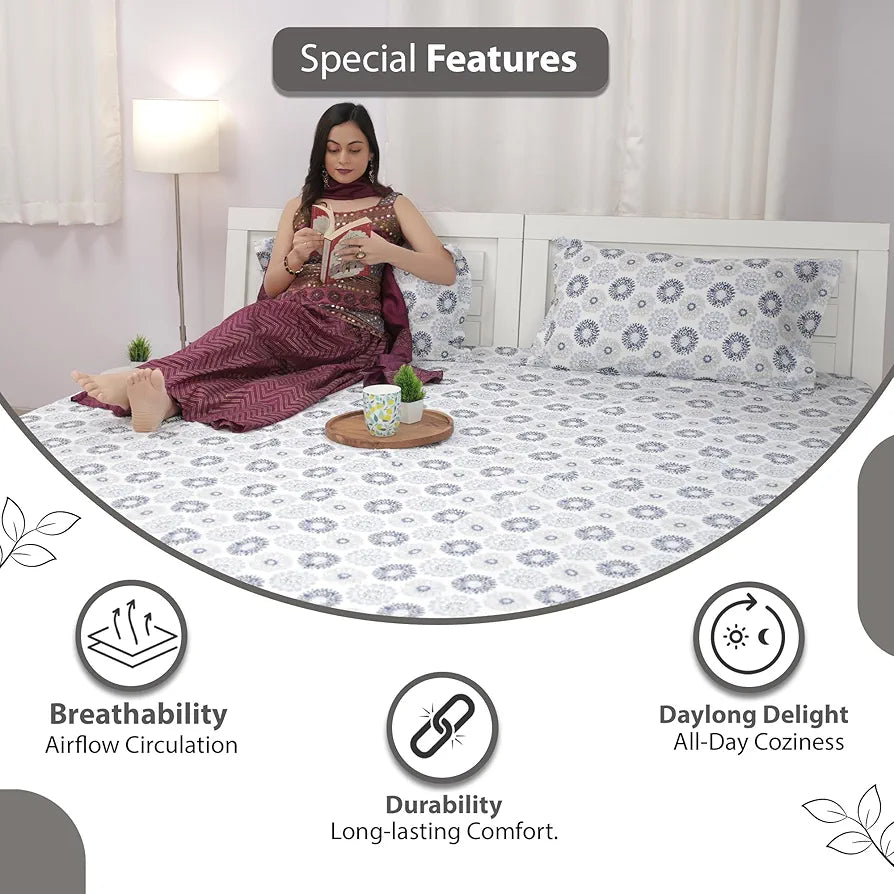 Divine Casa 144 TC 100% Cotton Bedsheet for Double Bed with 2 Pillow Cover Colour Blue Beige
