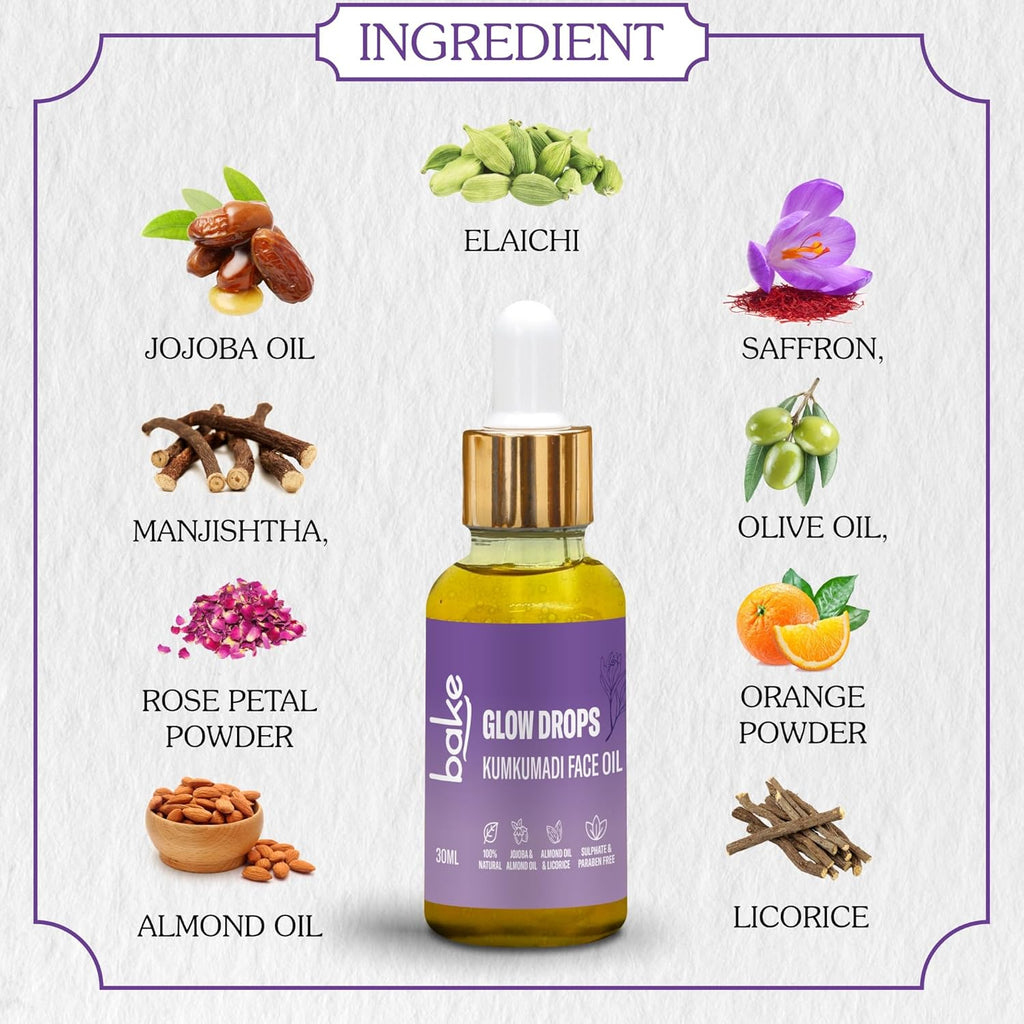 BAKE Kumkumadi Face Oil For Anti Aging, Glowing & Brightening Skin | For Pigmentation, Dark Circles | With Licorice, Saffron, Manjishtha | 30ml