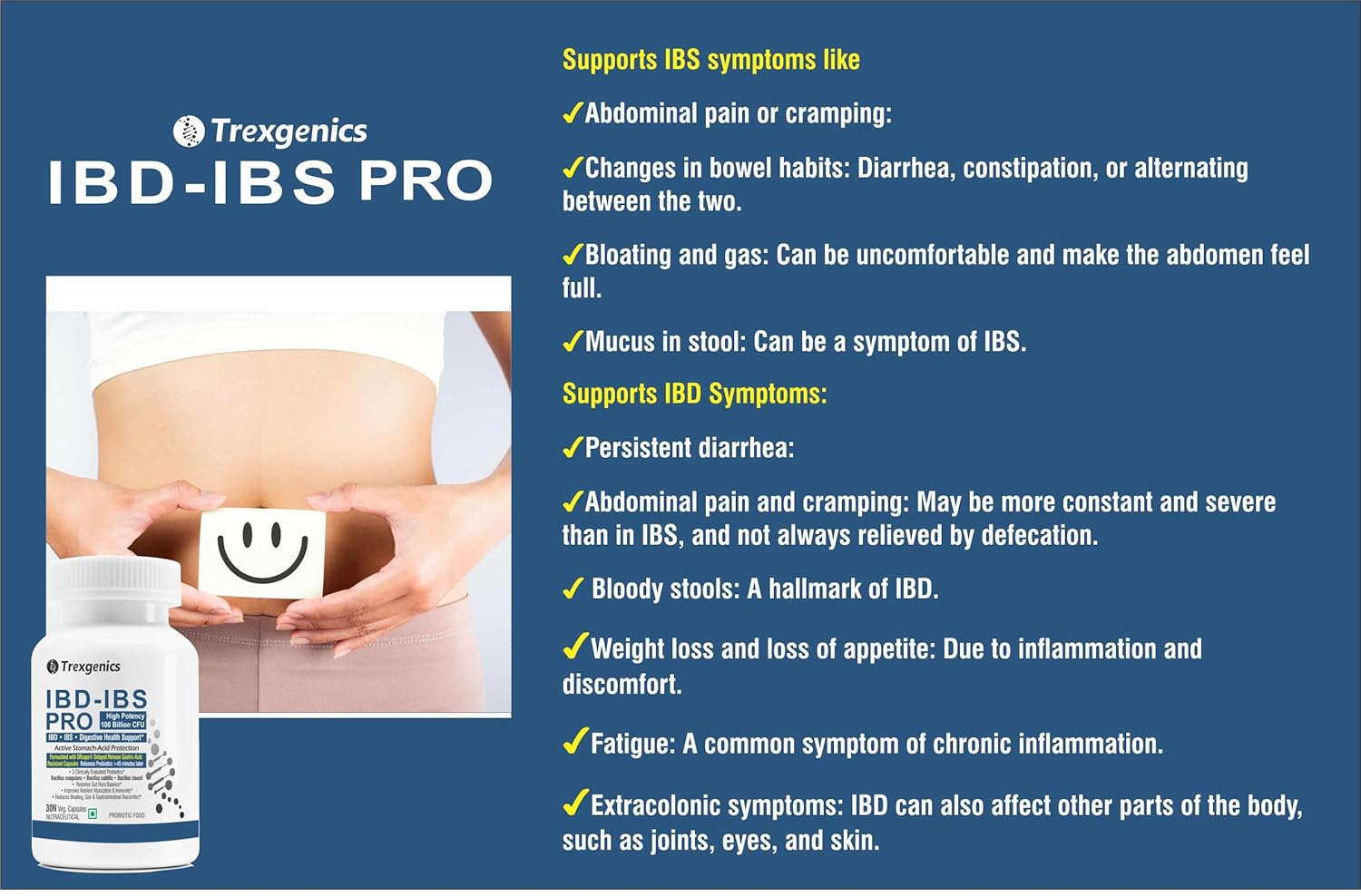 Trexgenics IBD-IBS PRO Digestive Health Delayed Release Gastric Protection Probiotics Bacillus coagulans, subtilis & clausii 100 Billion CFU (30 Veg Capsules)