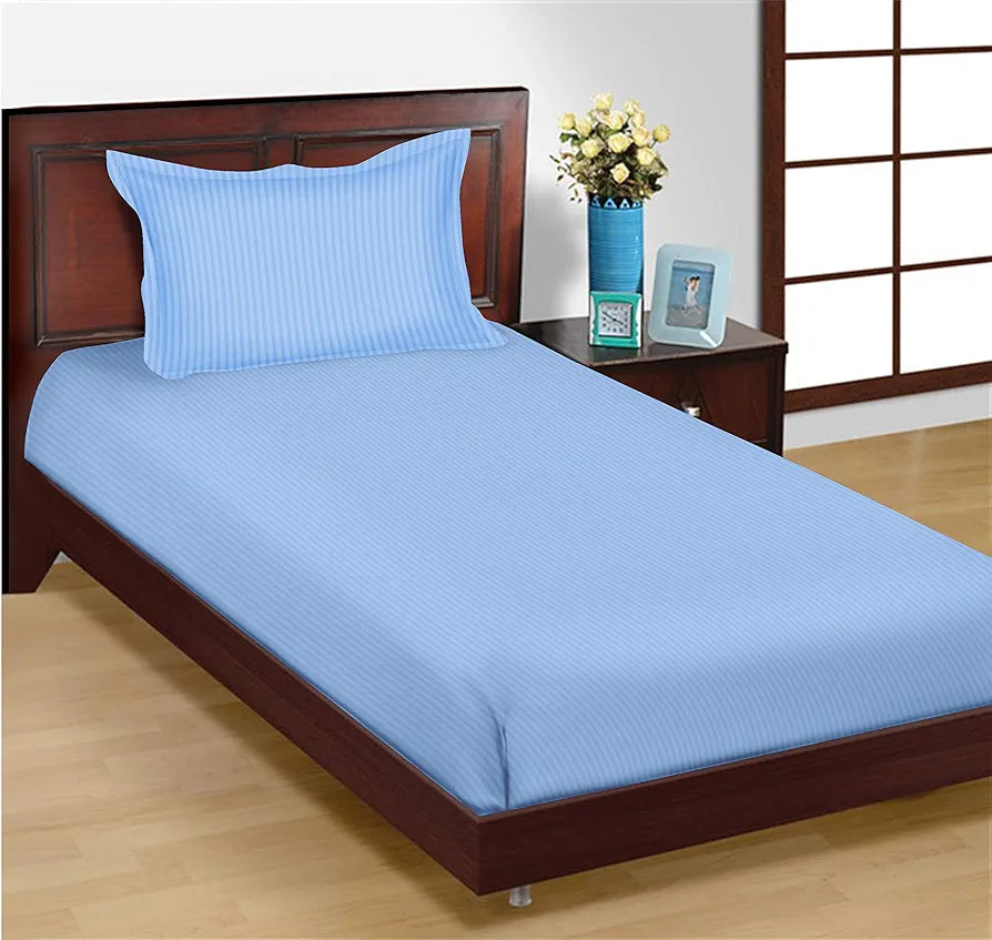 Trance Home Linen 100% Cotton 78x36 inch Single Fitted 200TC Satin Stripe Elastic Fitted Bedsheet with 1 Pillow Covers Colour Sky Blue