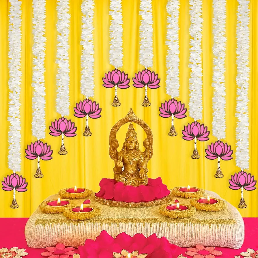 Handmade 10 Pcs Artificial Mogra Garland with Lotus Hanging for Decoration White Flower Strings 2.5 Feet Length