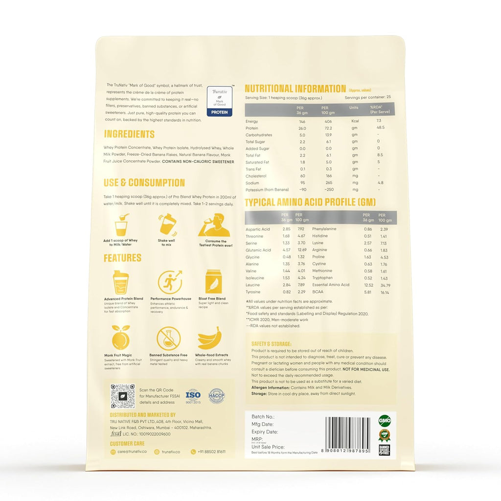 Trunativ Pro Blend Whey Protein Powder Isolate & Concentrate | 100% Light & Clean Protein Powder | 26g Protein | 6g BCAA | 12.52g EAA | No added sugar | Banana 2lbs (907g)