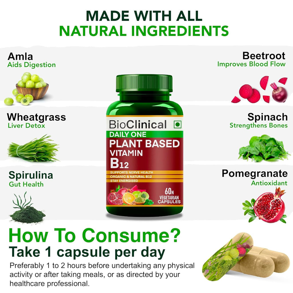 BioClinical Plant Based Vitamin B12 Supplement for Men & Women -2 Months- Organic Vit B 12 - Nature made Ayurvedic Rasayana & Green Food -For Stress In Life,Nerve & Brain Health -60 vegan capsules