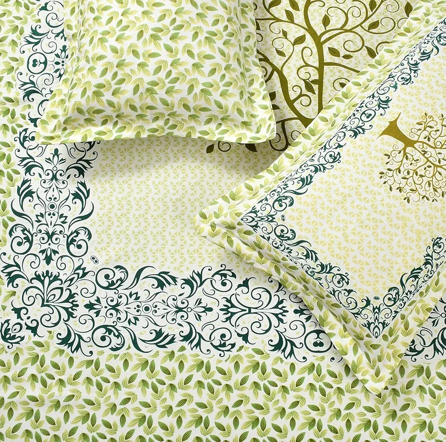 HomeKart Cotton Rajasthani Jaipuri Print Bed Sheet Traditional Floral Double Size Bedsheet with Hand Block Printed 180-200 tc with 2 Pillow Covers White and Light Green